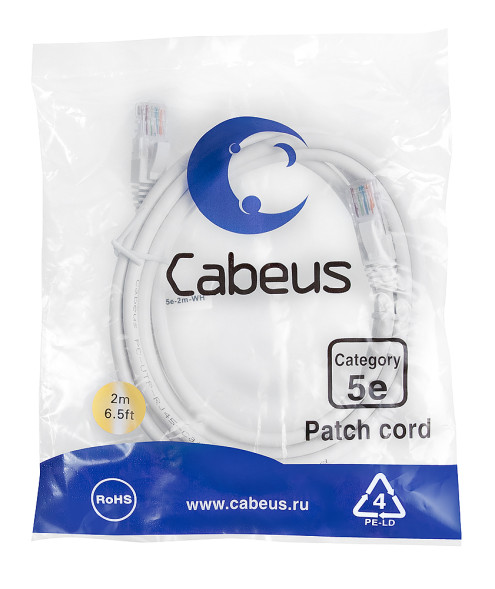 Патч-корд Cabeus PC-UTP-RJ45-Cat.5e-2m-WH-LSZH (9491c) (U/UTP, CAT.5E, LSZH, 2 м, белый)