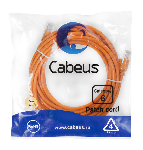 Патч-корд Cabeus PC-UTP-RJ45-Cat.6-5m-OR (8702c) (U/UTP, CAT.6, PVC, 5 м, оранжевый)
