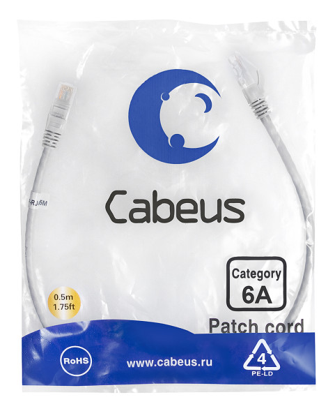 Патч-корд Cabeus PC-UTP-RJ45-Cat.6a-0.5m-LSZH (7893c) (U/UTP, CAT.6A, LSZH, 0.5 м, серый)