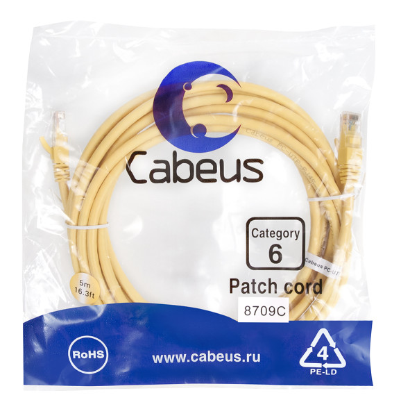 Патч-корд Cabeus PC-UTP-RJ45-Cat.6-5m-YL (8709c) (U/UTP, CAT.6, PVC, 5 м, желтый)