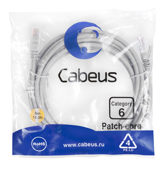 Патч-корд Cabeus PC-UTP-RJ45-Cat.6-5m (7270c) (U/UTP, CAT.6, PVC, 5 м, серый)