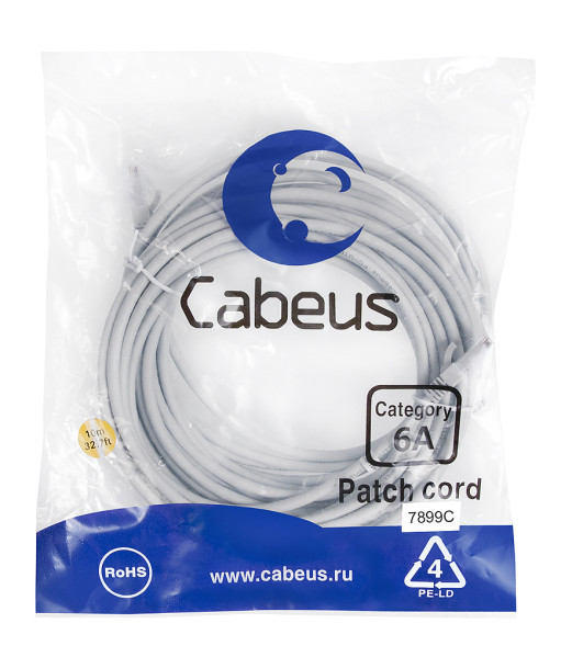 Патч-корд Cabeus PC-UTP-RJ45-Cat.6a-10m-LSZH (7899c) (U/UTP, CAT.6A, LSZH, 10 м, серый)