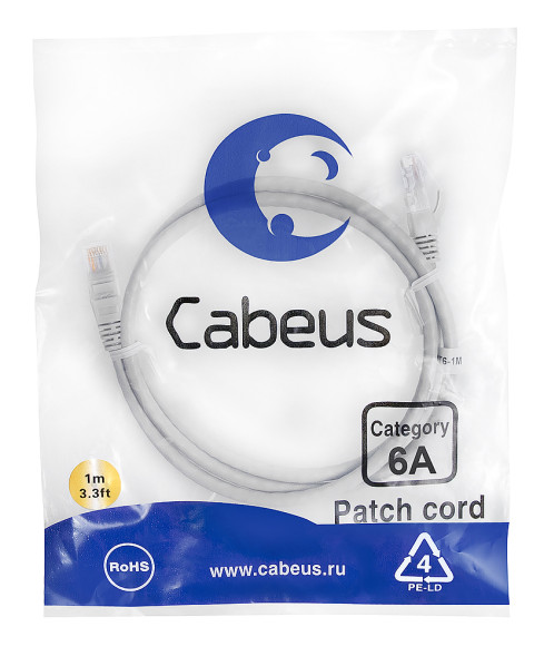 Патч-корд Cabeus PC-UTP-RJ45-Cat.6a-1m-LSZH (7894c) (U/UTP, CAT.6A, LSZH, 1 м, серый)