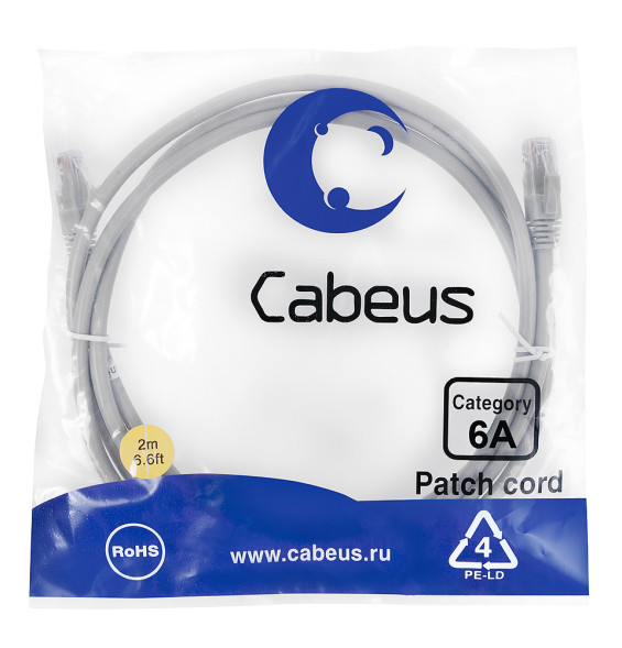 Патч-корд Cabeus PC-UTP-RJ45-Cat.6a-2m-LSZH (7896c) (U/UTP, CAT.6A, LSZH, 2 м, серый)
