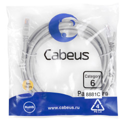 Патч-корд Cabeus PC-UTP-RJ45-Cat.6-5m-LSZH (8881c) (U/UTP, CAT.6, LSZH, 5 м, серый)