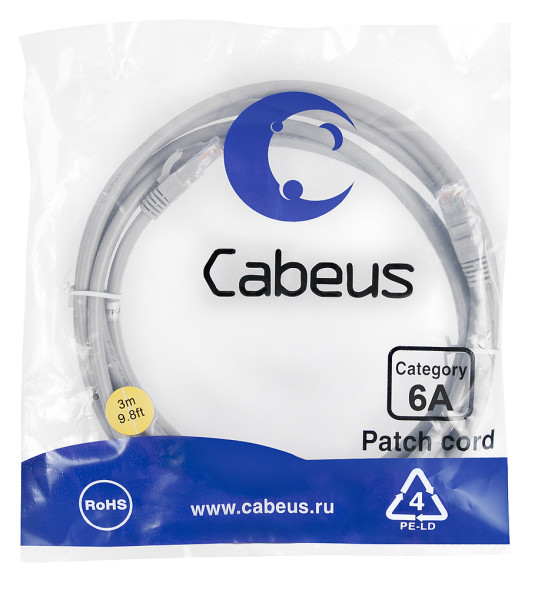 Патч-корд Cabeus PC-UTP-RJ45-Cat.6a-3m-LSZH (7897c) (U/UTP, CAT.6A, LSZH, 3 м, серый)