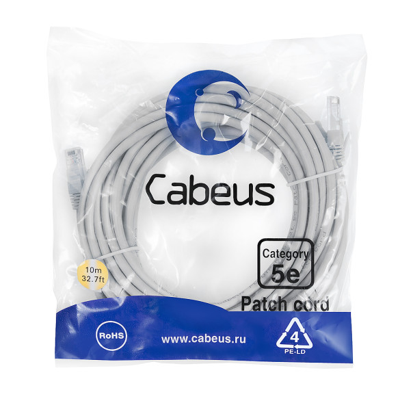 Патч-корд Cabeus PC-UTP-RJ45-Cat.5e-10m-LSZH (9591c) (U/UTP, CAT.5E, LSZH, 10 м, серый)