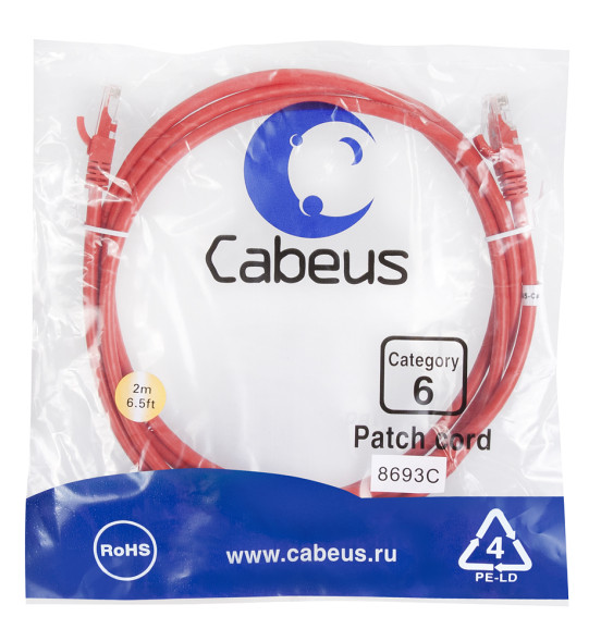 Патч-корд Cabeus PC-UTP-RJ45-Cat.6-2m-RD (8693c) (U/UTP, CAT.6, PVC, 2 м, красный)