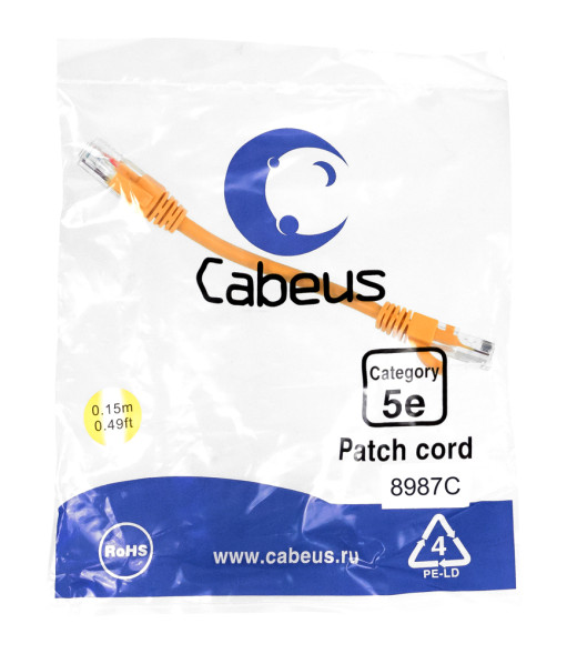 Патч-корд Cabeus PC-UTP-RJ45-Cat.5e-0.15m-OR (8987c) (U/UTP, CAT.5E, PVC, 0.15 м, оранжевый)