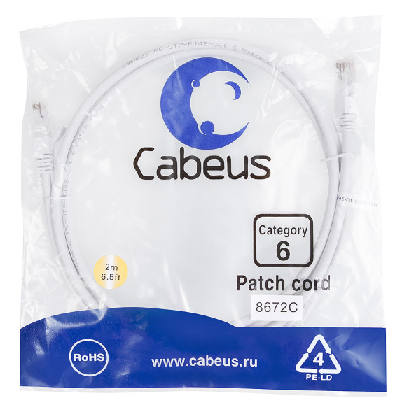 Патч-корд Cabeus PC-UTP-RJ45-Cat.6-2m-WH (8672c) (U/UTP, CAT.6, PVC, 2 м, белый)