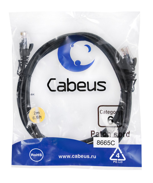 Патч-корд Cabeus PC-UTP-RJ45-Cat.6-2m-BK (8665c) (U/UTP, CAT.6, PVC, 2 м, черный)