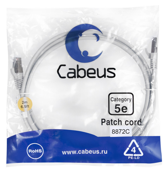 Патч-корд Cabeus PC-FTP-RJ45-Cat.5e-2m-LSZH (8872c) (F/UTP, CAT.5E, LSZH, 2 м, серый)