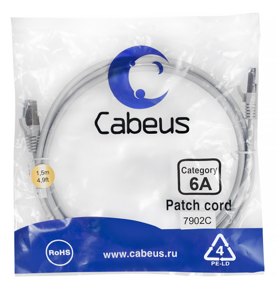 Патч-корд Cabeus PC-SSTP-RJ45-Cat.6a-1.5m-LSZH (S/FTP, CAT.6A, LSZH, 1.5 м, серый) (7902c)