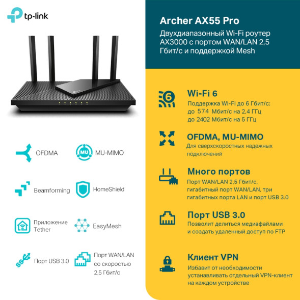 Wi-Fi роутер TP-LINK Archer AX55 Pro