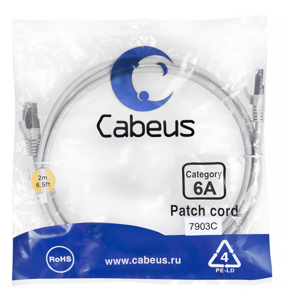 Патч-корд Cabeus PC-SSTP-RJ45-Cat.6a-2m-LSZH (S/FTP, CAT.6A, LSZH, 2 м, серый) (7903c)