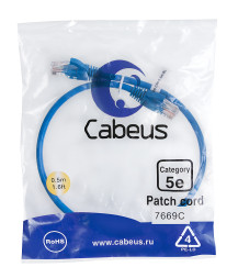 Патч-корд Cabeus PC-UTP-RJ45-Cat.5e-0.5m-BL (7669c) (U/UTP, CAT.5E, PVC, 0.5 м, синий)