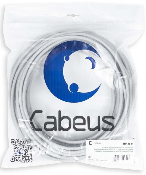 Кабель Cabeus UTP-4P-Cat.6-SOLID-LSLTx-GY-20 (11143c-8) (U/UTP, CAT.6, LSLTx, 20 м, серый)