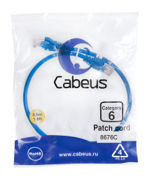 Патч-корд Cabeus PC-UTP-RJ45-Cat.6-0.5m-BL (8676c) (U/UTP, CAT.6, PVC, 0.5 м, синий)