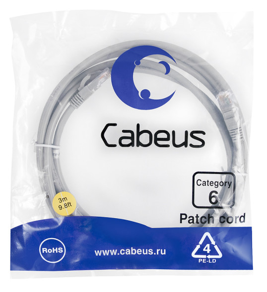 Патч-корд Cabeus PC-UTP-RJ45-Cat.6-3m (7269c) (U/UTP, CAT.6, PVC, 3 м, серый)