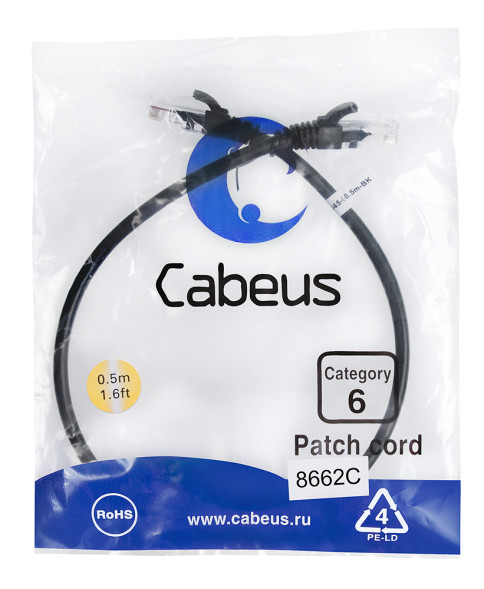 Патч-корд Cabeus PC-UTP-RJ45-Cat.6-0.5m-BK (8662c) (U/UTP, CAT.6, PVC, 0.5 м, черный)