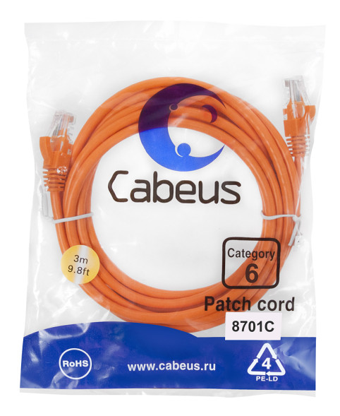 Патч-корд Cabeus PC-UTP-RJ45-Cat.6-3m-OR (8701c) (U/UTP, CAT.6, PVC, 3 м, оранжевый)