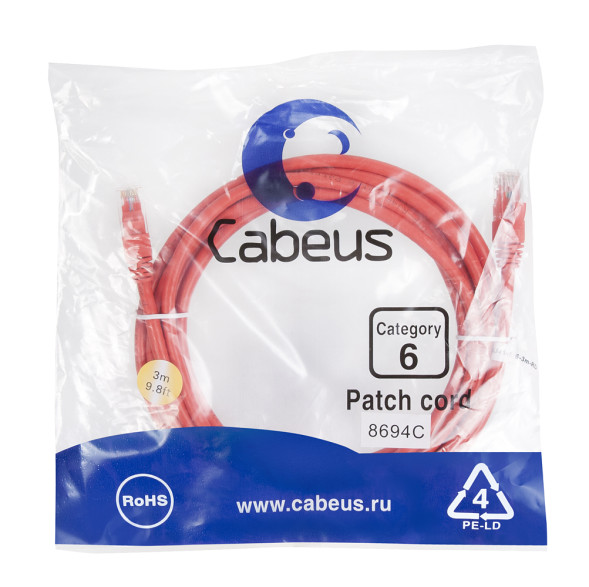 Патч-корд Cabeus PC-UTP-RJ45-Cat.6-3m-RD (8694c) (U/UTP, CAT.6, PVC, 3 м, красный)