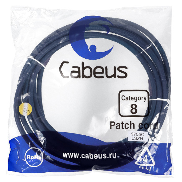 Патч-корд Cabeus PC-SSTP-RJ45-Cat.8-5m-LSZH (9705c) (S/FTP, CAT.8, LSZH, 5 м, синий)