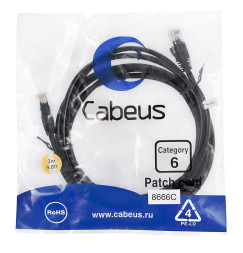 Патч-корд Cabeus PC-UTP-RJ45-Cat.6-3m-BK (8666c) (U/UTP, CAT.6, PVC, 3 м, черный)