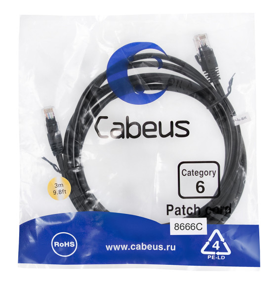 Патч-корд Cabeus PC-UTP-RJ45-Cat.6-3m-BK (8666c) (U/UTP, CAT.6, PVC, 3 м, черный)