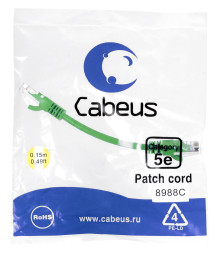Патч-корд Cabeus PC-UTP-RJ45-Cat.5e-0.15m-GN (8988c) (U/UTP, CAT.5E, PVC, 0.15 м, зеленый)
