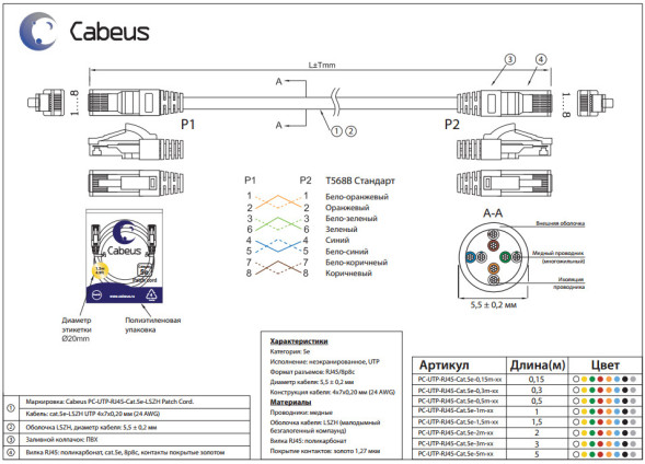 Патч-корд Cabeus PC-UTP-RJ45-Cat.5e-0.15m-LSZH (9387c) (U/UTP, CAT.5E, LSZH, 0.15 м, серый)