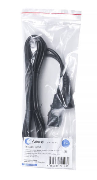 Кабель силовой оконцованный Cabeus PC-189-VDE-3M (2104k) (C13–C14, 6 A, 3×0.75 мм², 3 м, черный)