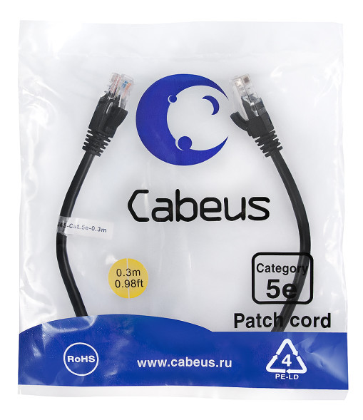 Патч-корд Cabeus PC-UTP-RJ45-Cat.5e-0.3m-BK-LSZH (9535c) (U/UTP, CAT.5E, LSZH, 0.3 м, черный)