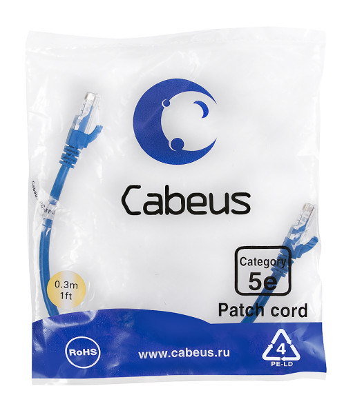 Патч-корд Cabeus PC-UTP-RJ45-Cat.5e-0.3m-BL-LSZH (9527c) (U/UTP, CAT.5E, LSZH, 0.3 м, синий)