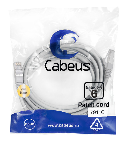 Патч-корд Cabeus PC-FTP-RJ45-Cat.6-3m-LSZH (7911c) (F/UTP, CAT.6, LSZH, 3 м, серый)