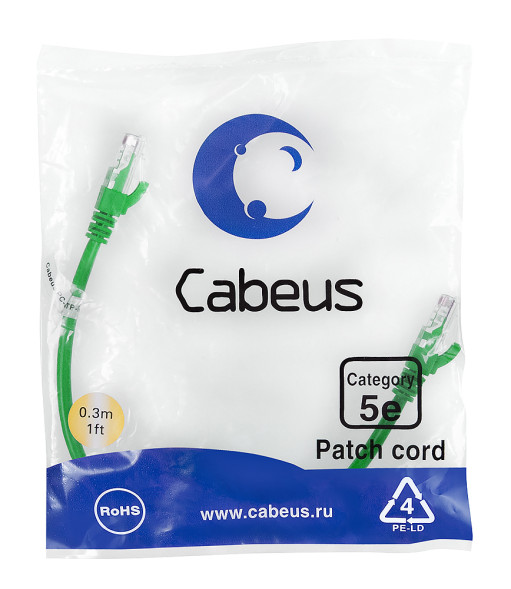 Патч-корд Cabeus PC-UTP-RJ45-Cat.5e-0.3m-GN-LSZH (9503c) (U/UTP, CAT.5E, LSZH, 0.3 м, зеленый)