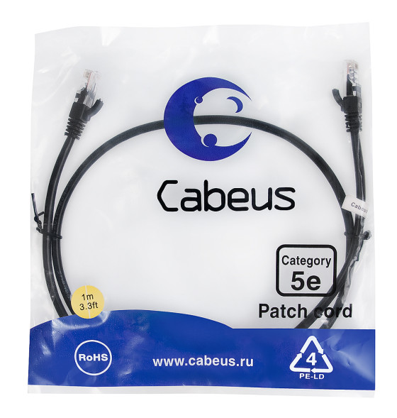 Патч-корд Cabeus PC-UTP-RJ45-Cat.5e-1m-BK-LSZH (9537c) (U/UTP, CAT.5E, LSZH, 1 м, черный)