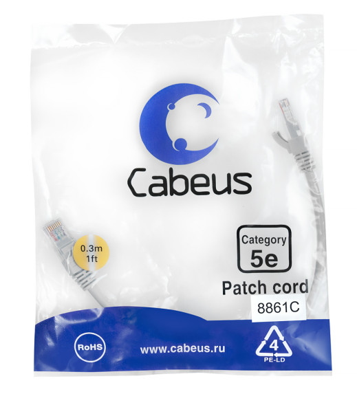 Патч-корд Cabeus PC-UTP-RJ45-Cat.5e-0.3m-LSZH (8861c) (U/UTP, CAT.5E, LSZH, 0.3 м, серый)