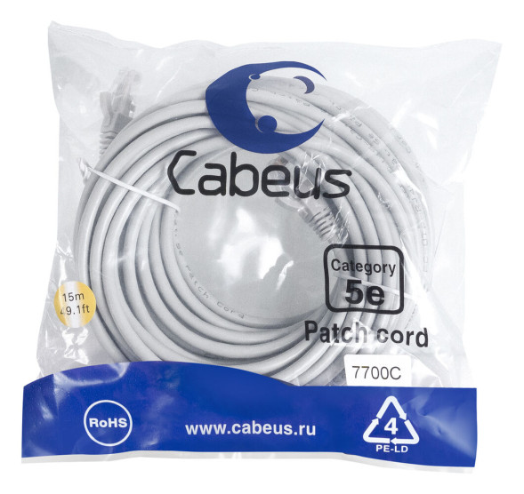 Патч-корд Cabeus PC-UTP-RJ45-Cat.5e-15m (7700c) (U/UTP, CAT.5E, PVC, 15 м, серый)