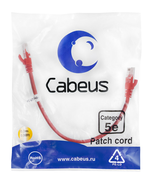 Патч-корд Cabeus PC-UTP-RJ45-Cat.5e-0.3m-RD-LSZH (9511c) (U/UTP, CAT.5E, LSZH, 0.3 м, красный)