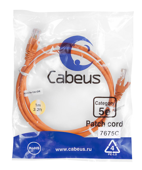 Патч-корд Cabeus PC-UTP-RJ45-Cat.5e-1m-OR-LSZH (9521c) (U/UTP, CAT.5E, LSZH, 1 м, оранжевый)